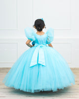 Sky Blue Ball Gown with 3D Satin Flowers & Silver Embellishments