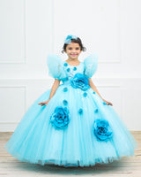 Sky Blue Ball Gown with 3D Satin Flowers & Silver Embellishments