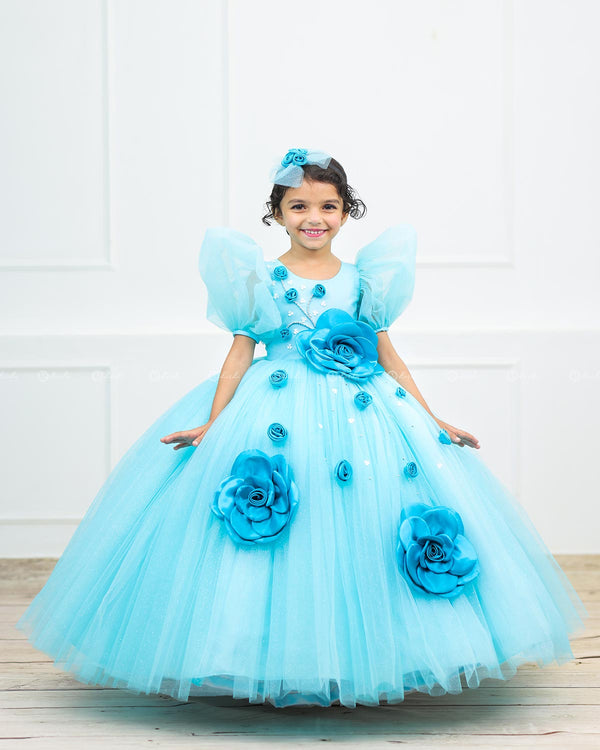 Sky Blue Ball Gown with 3D Satin Flowers & Silver Embellishments