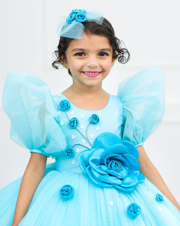 Sky Blue Ball Gown with 3D Satin Flowers & Silver Embellishments