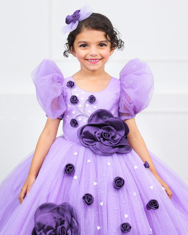 Lavender Ball Gown with 3D Satin Flowers & Silver Embellishments