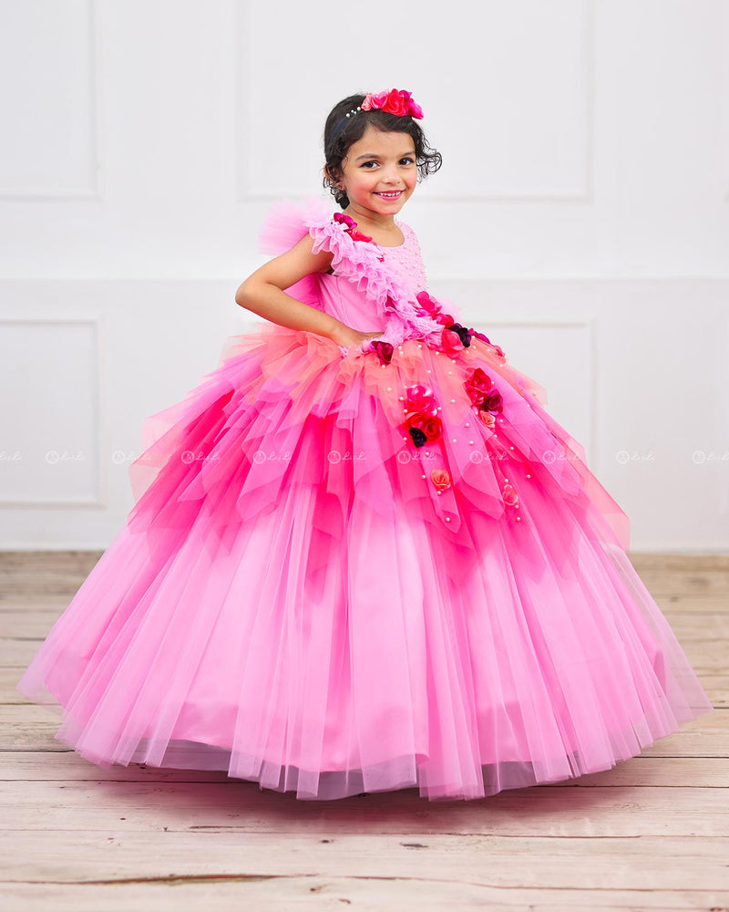 Lavender Pink & Light Coral Asymmetrical Frock with Flower & Bead Work