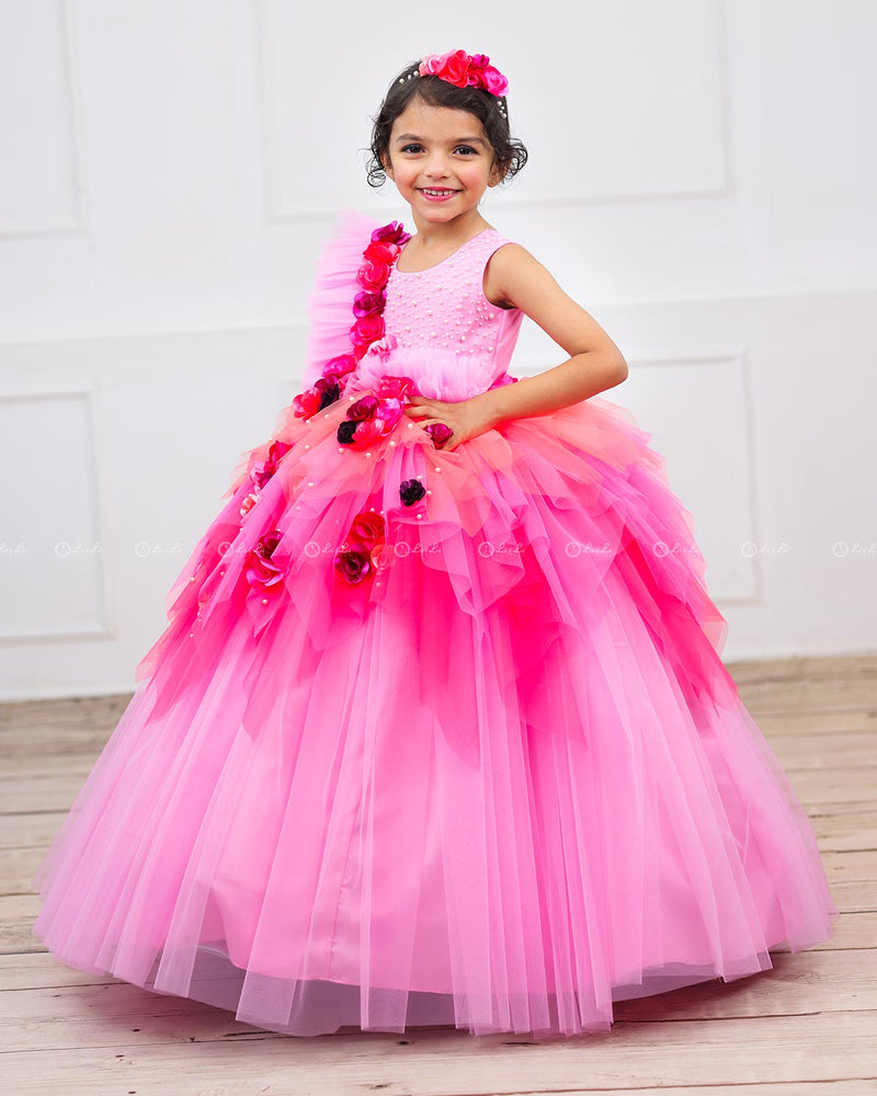 Lavender Pink & Light Coral Asymmetrical Frock with Flower & Bead Work