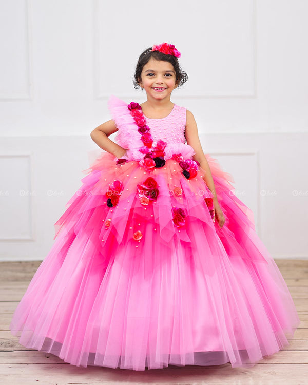 Lavender Pink & Light Coral Asymmetrical Frock with Flower & Bead Work