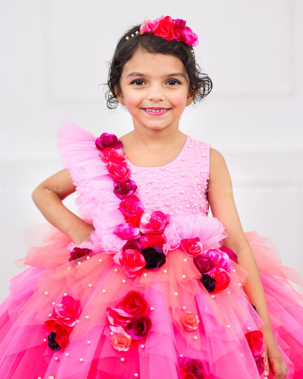 Lavender Pink & Light Coral Asymmetrical Frock with Flower & Bead Work