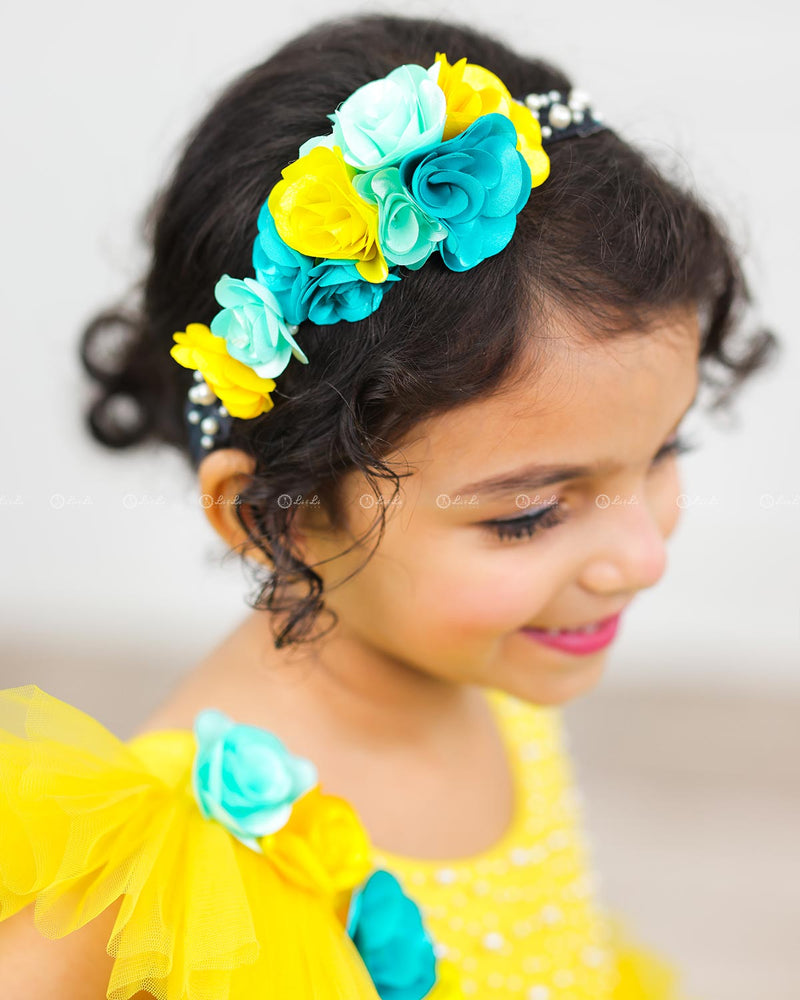 Mari Gold & Sky Blue Asymmetrical Frock with Flower & Bead Work