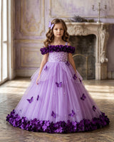 Lavender Cold Shoulder Flower Gown with Purple Floral & Butterfly Embellishment