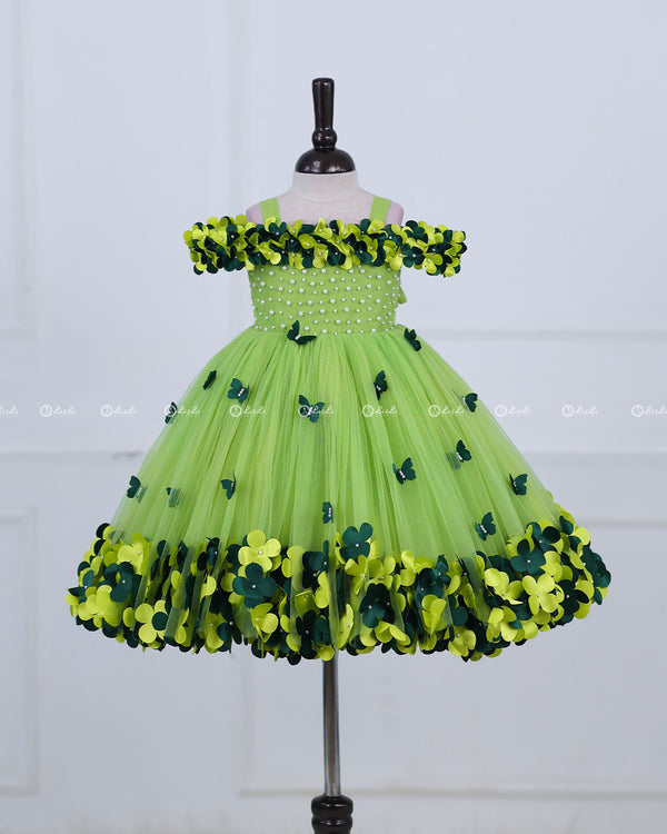 Green Glow Cold Shoulder Flower Gown