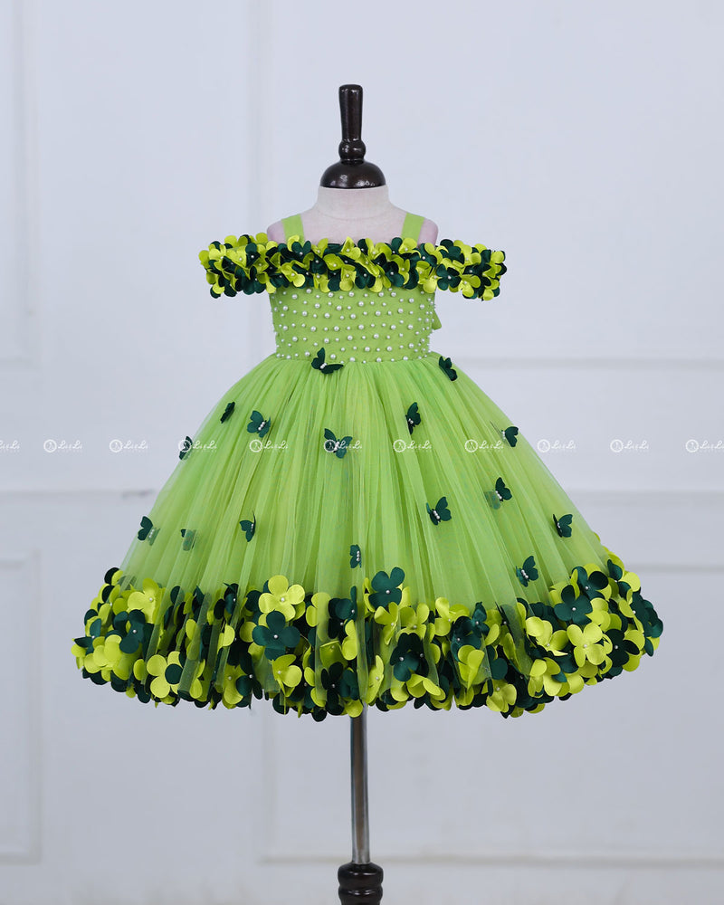 Green Glow Cold Shoulder Flower Gown