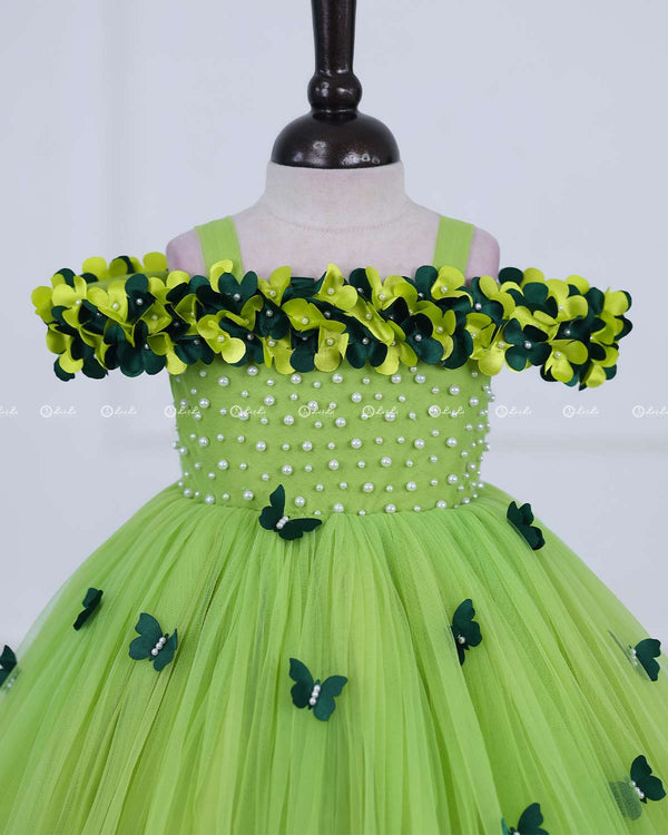 Green Glow Cold Shoulder Flower Gown