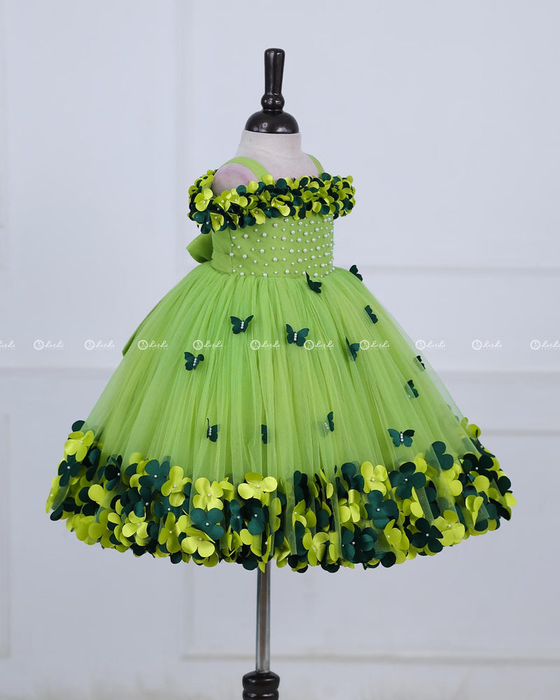 Green Glow Cold Shoulder Flower Gown
