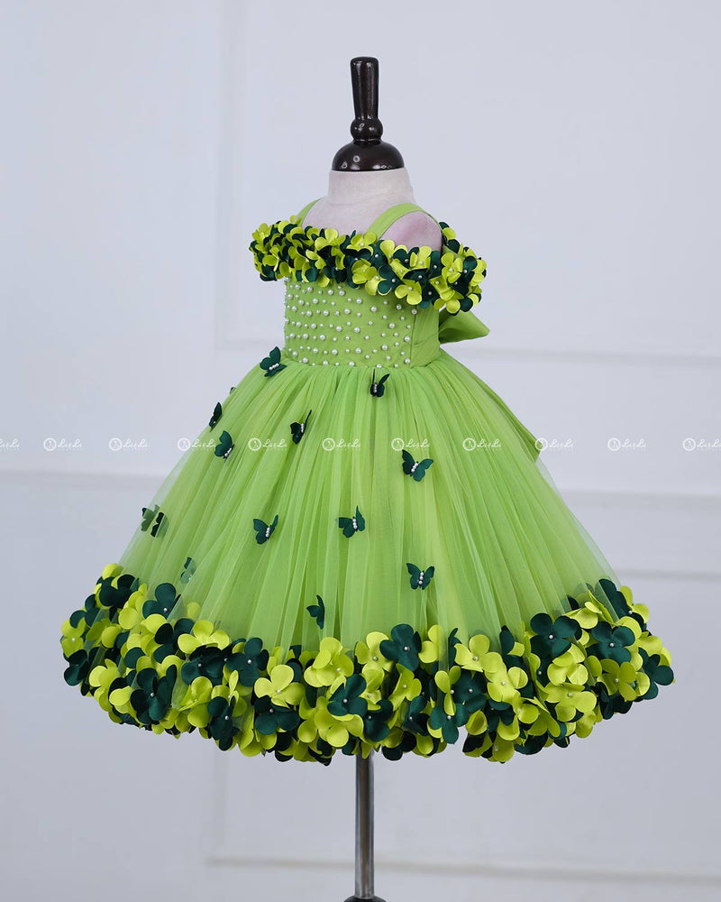 Green Glow Cold Shoulder Flower Gown