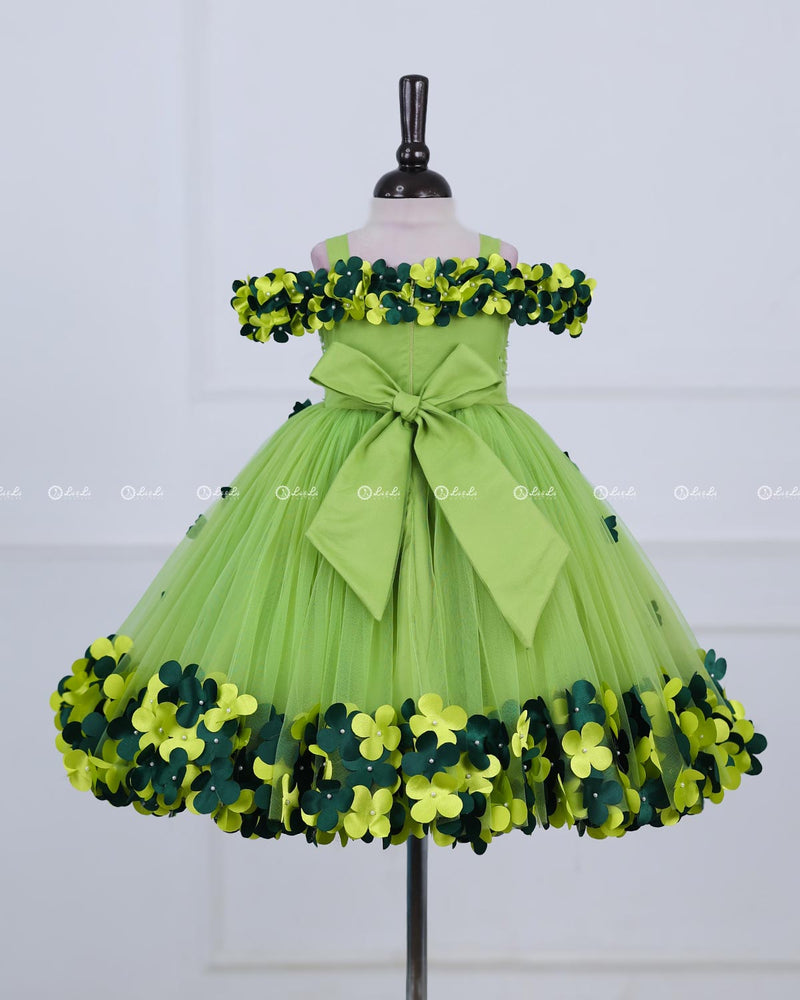 Green Glow Cold Shoulder Flower Gown