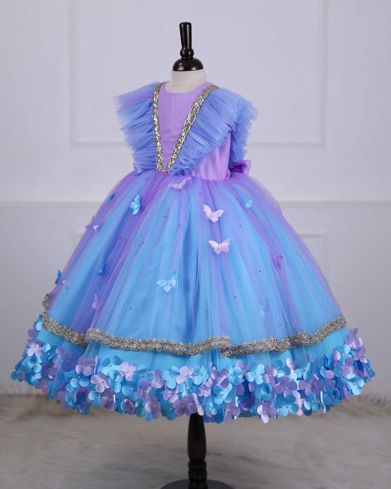 Lavender and light Blue Flower Gown  Butterfly and pearl Embellishment.