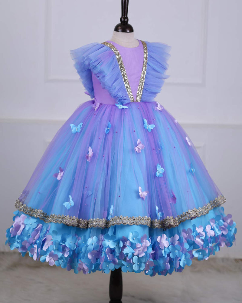 Lavender and light Blue Flower Gown  Butterfly and pearl Embellishment.