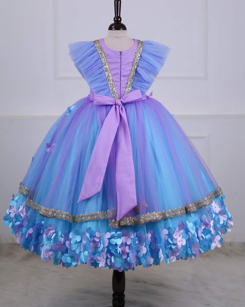 Lavender and light Blue Flower Gown  Butterfly and pearl Embellishment.