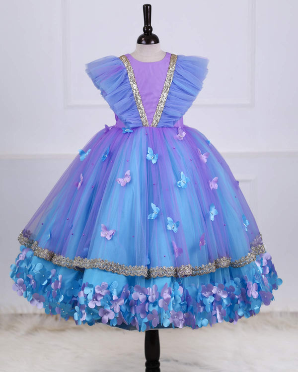 Lavender and light Blue Flower Gown  Butterfly and pearl Embellishment.