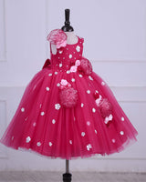 Crimson Red frock with white flowers and Baby pink frill flowers