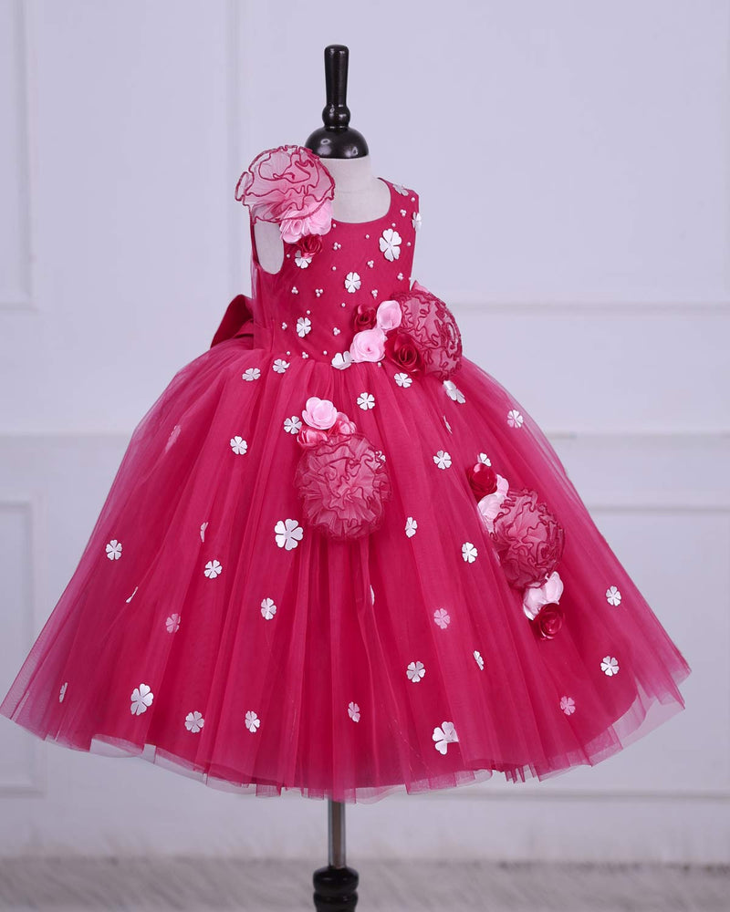Crimson Red frock with white flowers and Baby pink frill flowers