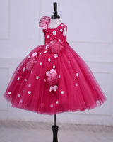 Crimson Red frock with white flowers and Baby pink frill flowers
