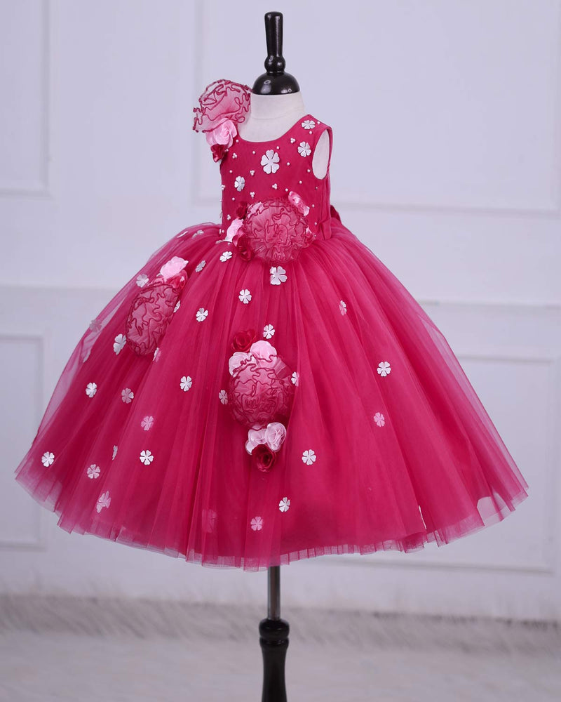 Crimson Red frock with white flowers and Baby pink frill flowers
