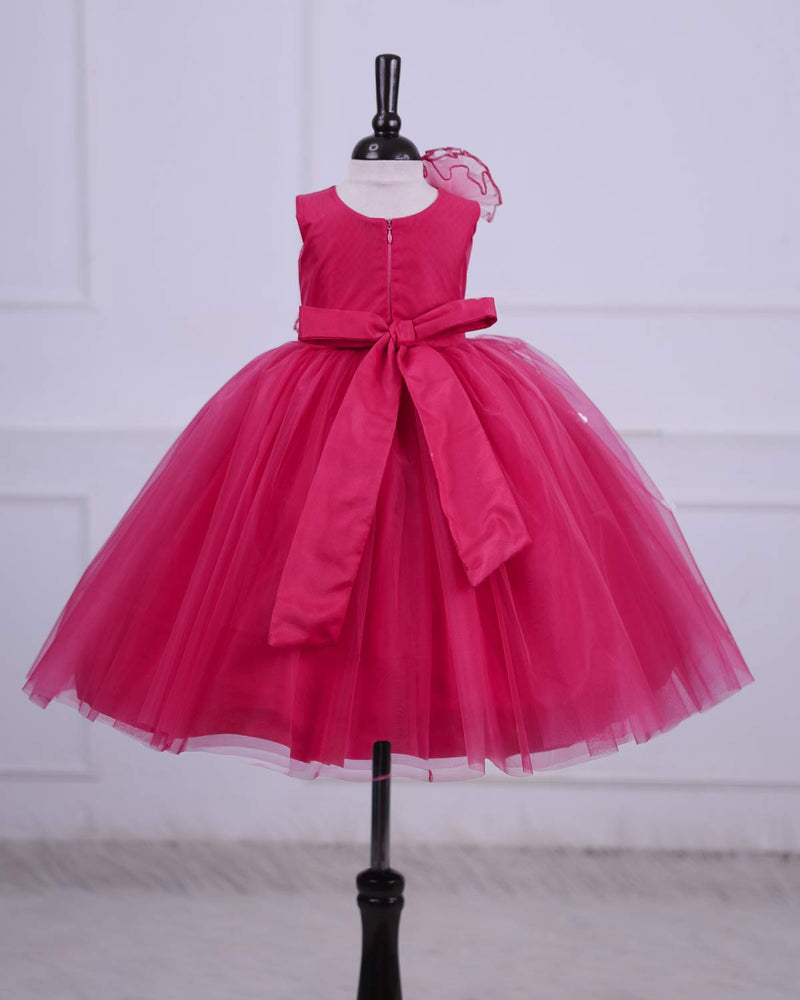 Crimson Red frock with white flowers and Baby pink frill flowers