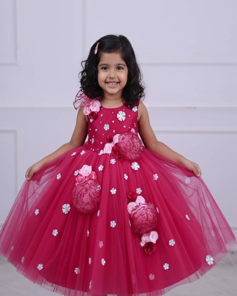 Crimson Red frock with white flowers and Baby pink frill flowers