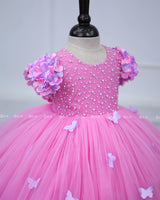Pink Flower Gown with Ball Flower Sleeves