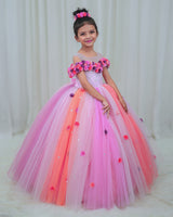 Pink Multi Shade Combo Cold Shoulder Frock with Flower and Beads Embellishment