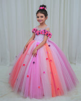 Pink Multi Shade Combo Cold Shoulder Frock with Flower and Beads Embellishment