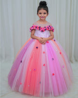 Pink Multi Shade Combo Cold Shoulder Frock with Flower and Beads Embellishment