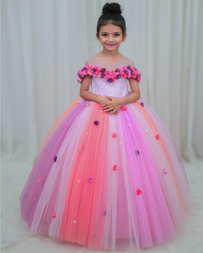 Pink multi shade full-length cold shoulder frock with flowers and beads for girls