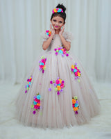 Wheat Ball Gown with Multi Colour Flowers