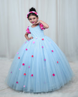 Light Baby Blue Gown with Pink shades Flower detailing and Pearl Work