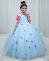 Light Baby Blue Gown with Pink shades Flower detailing and Pearl Work