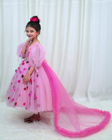 Dry Rose Pink Flower Frock with Detachable Lavender Back Trail