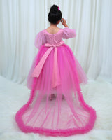 Dry Rose Pink Flower Frock with Detachable Lavender Back Trail