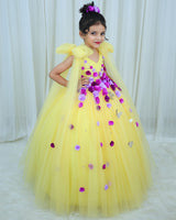 Light Yellow and Lavender Gown with Long Bow Sleeve Details