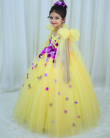 Light Yellow and Lavender Gown with Long Bow Sleeve Details