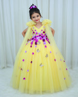 Light Yellow and Lavender Gown with Long Bow Sleeve Details