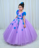 Lavender Net Ball Gown with Sea Blue Embroidered Flower Patch and Leaf Detailing