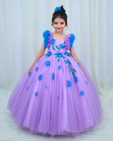 Lavender Net Ball Gown with Sea Blue Embroidered Flower Patch and Leaf Detailing