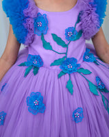 Lavender Net Ball Gown with Sea Blue Embroidered Flower Patch and Leaf Detailing