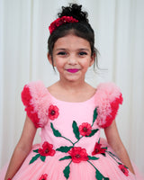 Cherry Blossom Pink Net Ball Gown with Red Embroidered Flower Patch and Dark Green Leaf Detailing