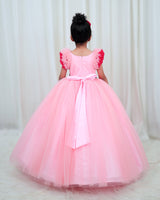 Cherry Blossom Pink Net Ball Gown with Red Embroidered Flower Patch and Dark Green Leaf Detailing
