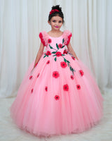 Cherry Blossom Pink Net Ball Gown with Red Embroidered Flower Patch and Dark Green Leaf Detailing