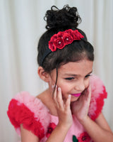 Cherry Blossom Pink Net Ball Gown with Red Embroidered Flower Patch and Dark Green Leaf Detailing