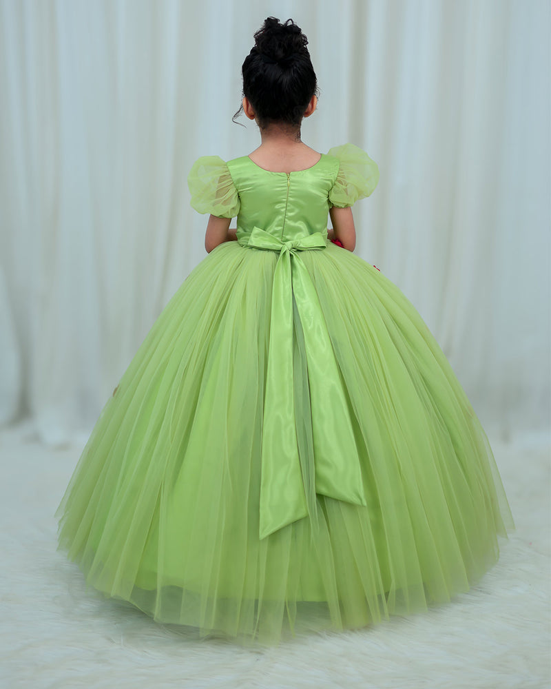 Tea Green Gown with Rose Flower Print and 3D Hand Crafter Rose Flower ...