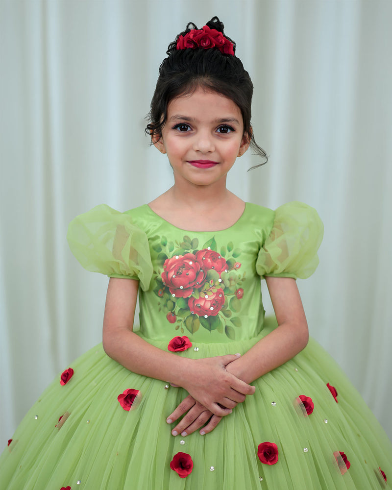 Tea Green Gown with Rose Flower Print and 3D Hand Crafter Rose Flower ...