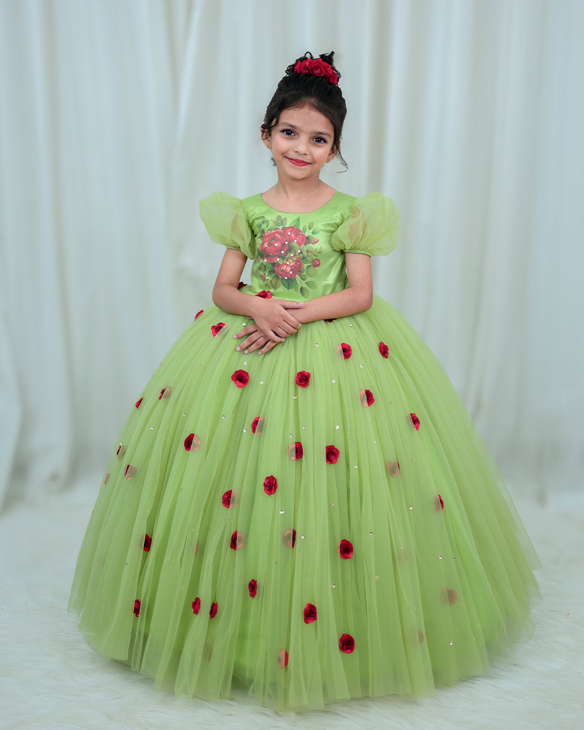 Tea Green Gown with Rose Flower Print and 3D Hand Crafter Rose Flower ...